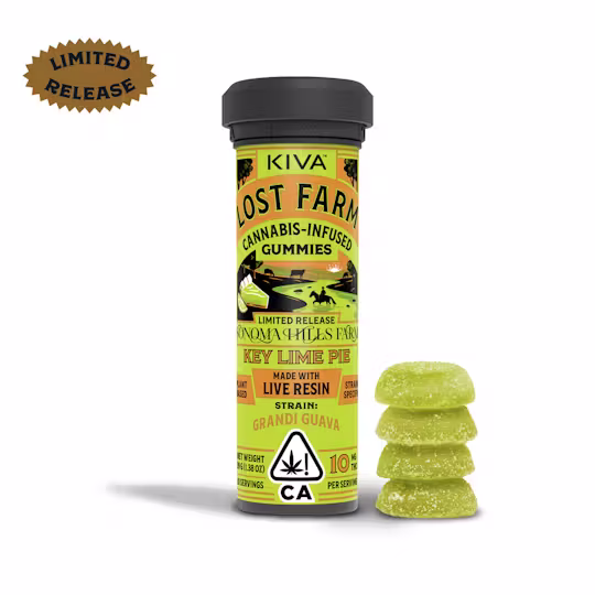 Lost Farm Key Lime Pie is a bright, dessert-inspired edible that captures the classic flavor of a creamy key lime pie in a smooth, flavorful bite. It opens with a zesty citrus note that brings a lively tartness, followed by rich, sweet, and creamy undertones that round out the experience beautifully. The balance of tangy lime and mellow pie-like sweetness creates a refined flavor profile that feels both refreshing and indulgent. Crafted with Lost Farm’s signature attention to quality, Key Lime Pie offers a premium treat for customers who enjoy dessert flavors with a twist. It is an ideal choice for anyone looking for a delicious, citrus-forward edible that delivers a satisfying and memorable taste.